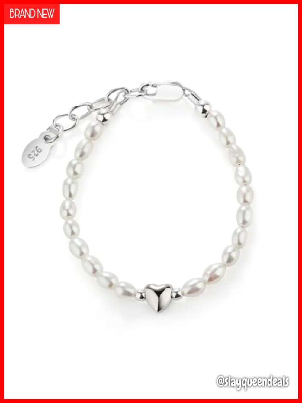 Sterling Silver Heart Charm Bracelet Adjustable Cultured Pearl Kids Jewelry